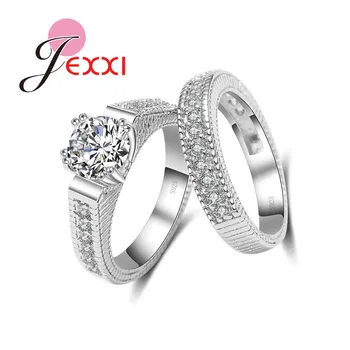 

Elegant Wedding Engagement Rings Set 2 PCS 925 Sterling Silver Anniversary Accessories With Full Shiny Cubiz Zircon Stone