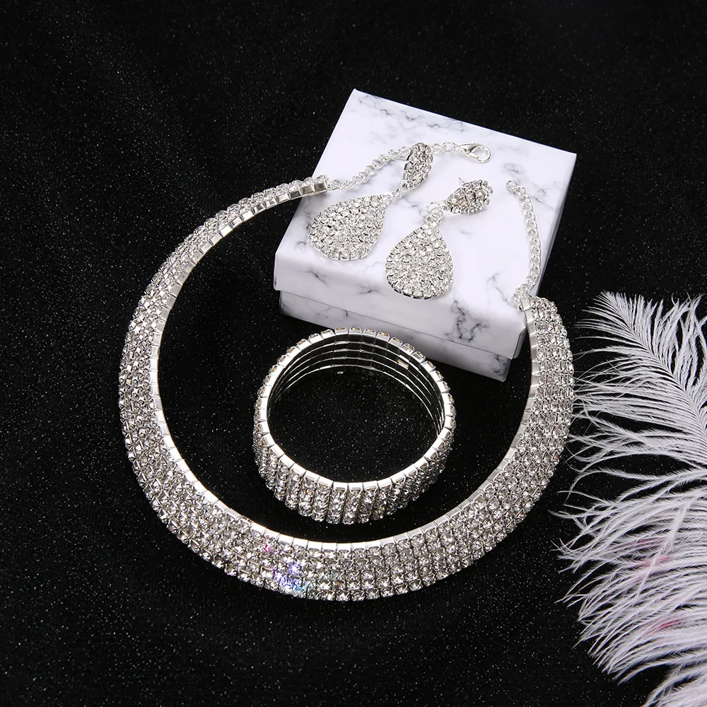 KMVEXO, наборы свадебных ювелирных изделий с кристаллами, серебряный цвет, стразы, ожерелье, серьги, браслет, свадебные, обручальные ювелирные наборы для женщин