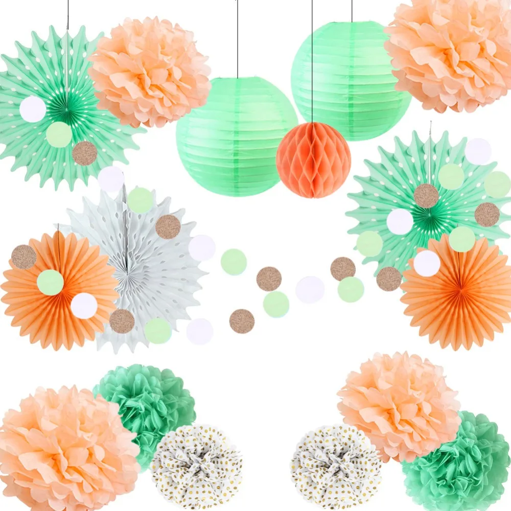 

Wedding Decorations 17pcs Paper Fans Lanterns Pom Poms Honeycomb Balls Circle Garland Birthday Bridal Shower Party Supplies