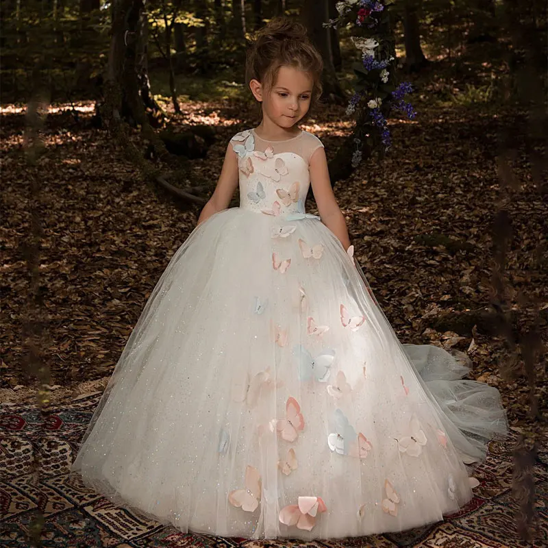 Платье для девочек из тюля цвета слоновой кости с цветочным узором; нарядное платье с бабочкой без бретелек; детское Пышное Бальное платье
