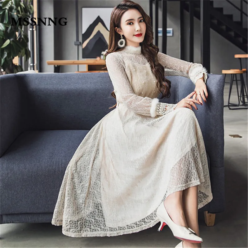 

2018 autumn new small fragrance Korean version of the thin autumn two-piece long-sleeved lace dress