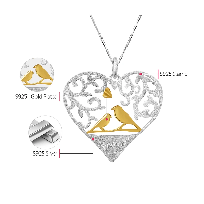 Lotus Fun Real 925 Sterling Silver Handmade Fine Jewelry Romantic Bird in Love Heart Shape Pendant without Chain for Women