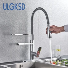ULGKSD хромированный выдвижной кухонный кран на бортике, кран для горячей и холодной кухонной раковины с распылителем, кухонная душевая головка
