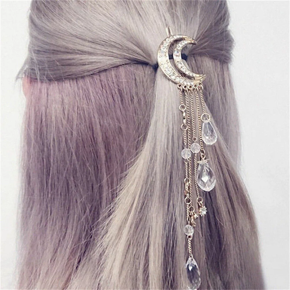 

2019 Western Wedding Fashion Headdress Moon Crystal Rhinestone Beads Dangle Hairpin Hair Clip Women Bridal Jewelry Ornaments