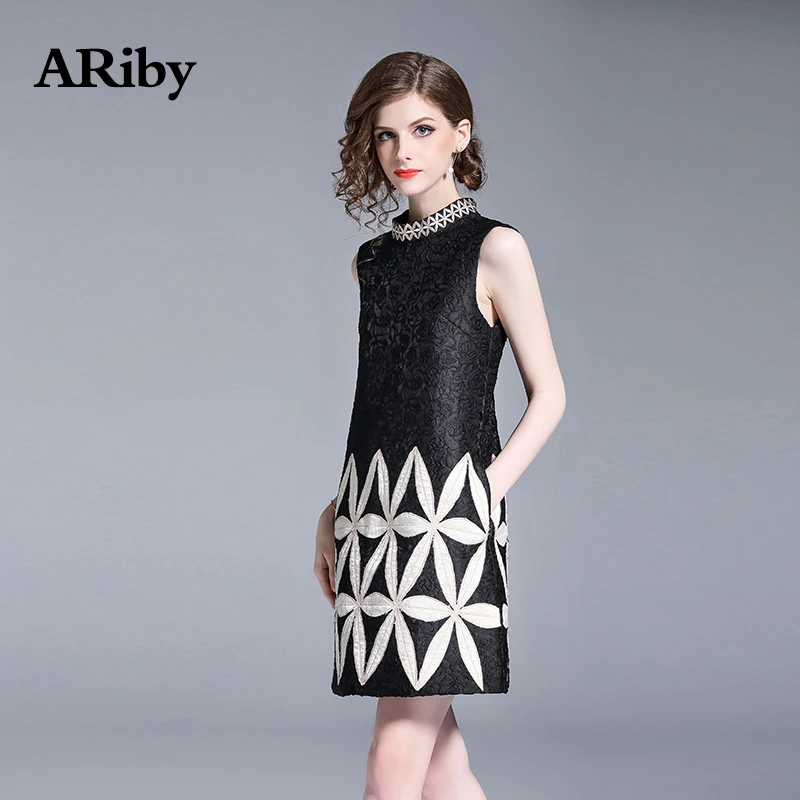 Women Dress Stand Collar Black Mini Dress 2019 Summer New Fashion Korean Version Sleeveless Printed One-step A-Line Dress Girl