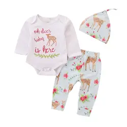 Хлопковый комбинезон с длинными рукавами и цветочным принтом и оленем для новорожденных мальчиков и девочек, топы + штаны с цветочным
