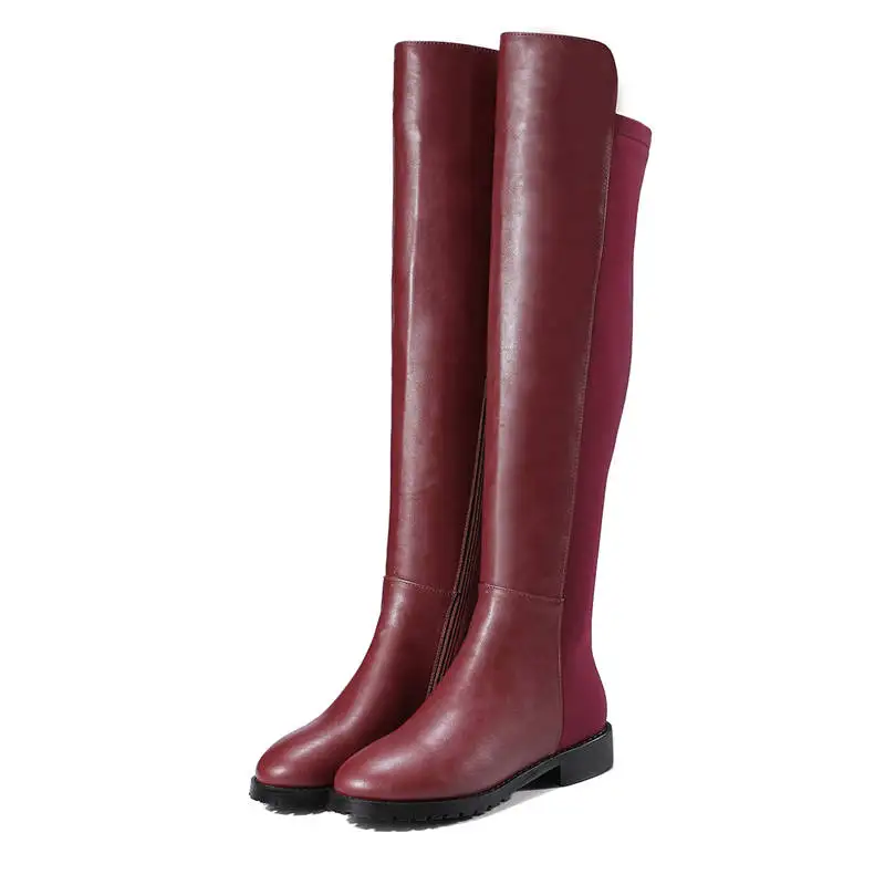 Nueva Negro Punta Largas Red wine Botas Corta Redonda Memunia Talón Bajo Zapatos Mujer Cremallera Altas Moda 2018 Invierno Felpa Otoño Negro UnWnRqS5