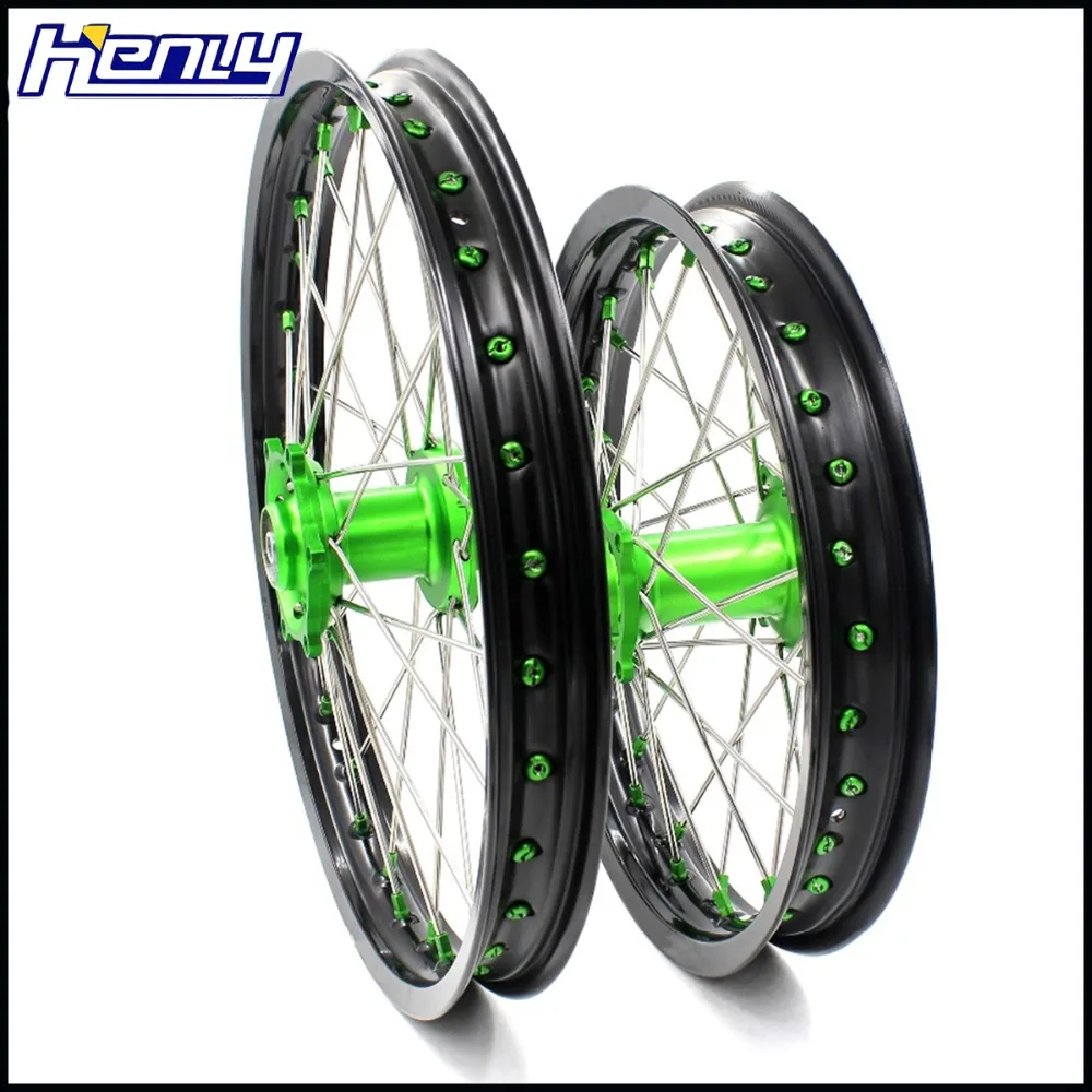 19/16 колеса питбайка, большой детский обод, набор для KAWASAKI KX 80 1993-2000 KX 85 2001- колеса диски Зеленый ниппель