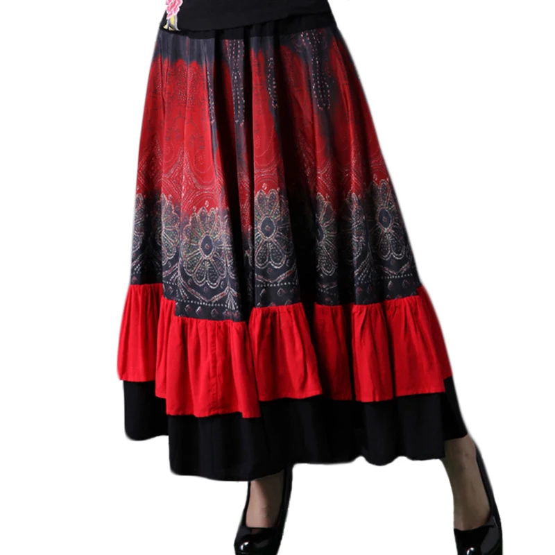 Этническая богемная Женская юбка с цветочным принтом, длинные цыганские юбки, новая модная широкая юбка с эластичным поясом и оборками