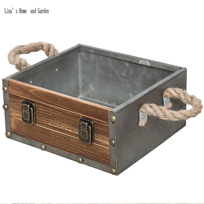 handcraft wood metal vintage retro industrial storage crates with hemp rope handles (3)