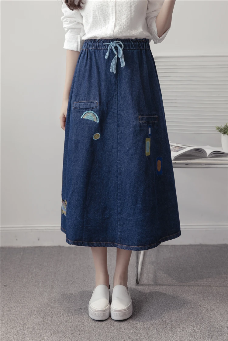 2018 элегантный Для женщин джинсовая юбка с вышивкой эластичный пояс Saias Миди-юбки Узелок джинсы Jupe Femme Винтаж дамы Faldas