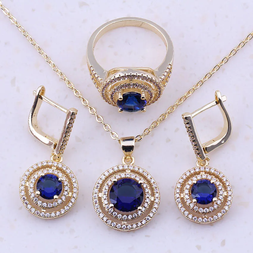 Фантастический синий кристалл и кубический циркон золотой цвет модные Ювелирные наборы для женщин Свадебная вечеринка трендовые ювелирные изделия E0035
