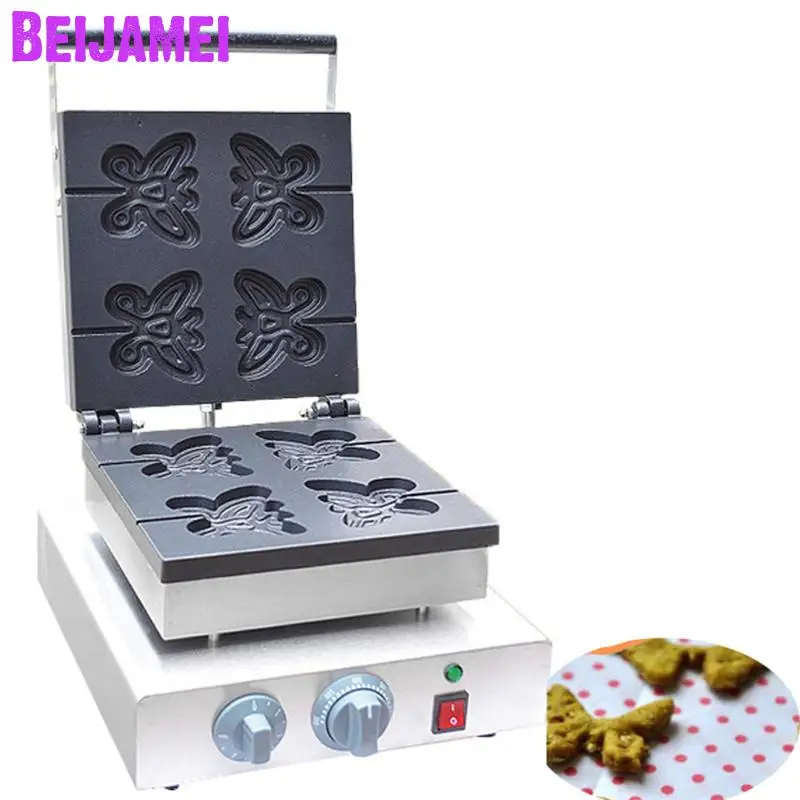 

BEIJAMEI snack machines commercial butterfly shape lolly waffle maker 110v 220v electric butterfly waffle machine with 4pcs