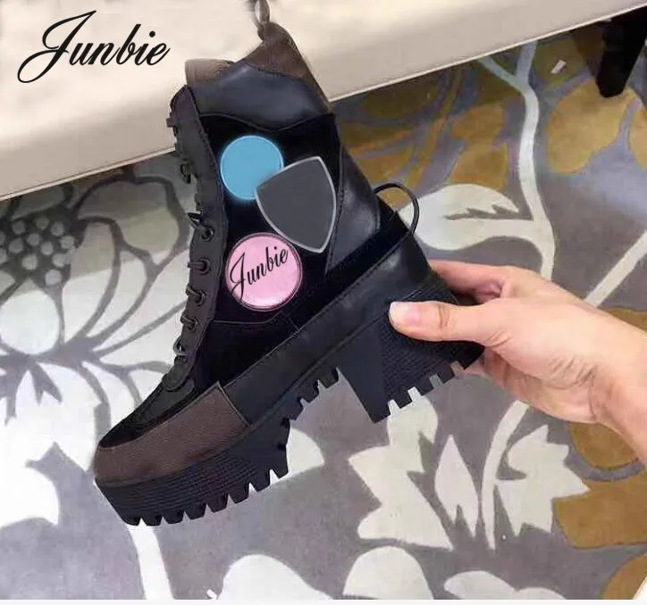 

JUNBIE Quality Genuine Leather Platform Women Ankle Boots Round Toe Lace Up Autumn Winter Boots Shoes Women Thick Heel Comfort