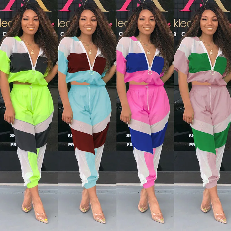 

Echoine Plus Size Sheer Mesh Two Piece Set Color Patchwork Hooded Crops Tops + Long Pants Zipper Sportwear Women Tracksuit Out