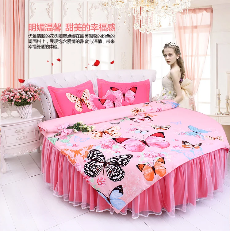 Excellent LACE ROUND Corner Bed Europe Orange color Flower Bedding sets Cotton Round Double Bed sheet Duvet cover Pillow case Bedskirt 55
