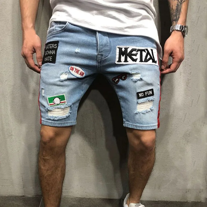 Для мужчин джинсовая шорты с вышивкой отверстие Slim Fit Повседневное шорты на лето XRQ88