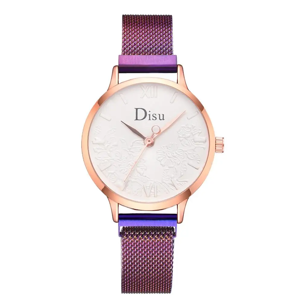 

New Women Magnet Watch Purple Flower Printed dial Watch Luxury Crystal Ladies Quartz Wristwatches Fashion Vintage Female Clock