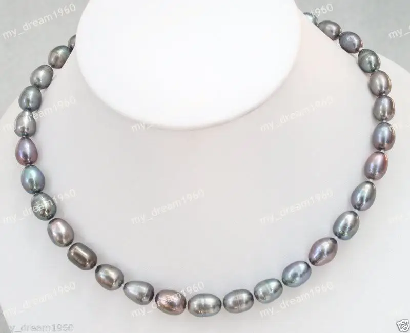 

Hot sale new Style >>>>>Genuine Natural 9-10mm Black Rice Oval Freshwater Pearl Necklace Jewelry AA+