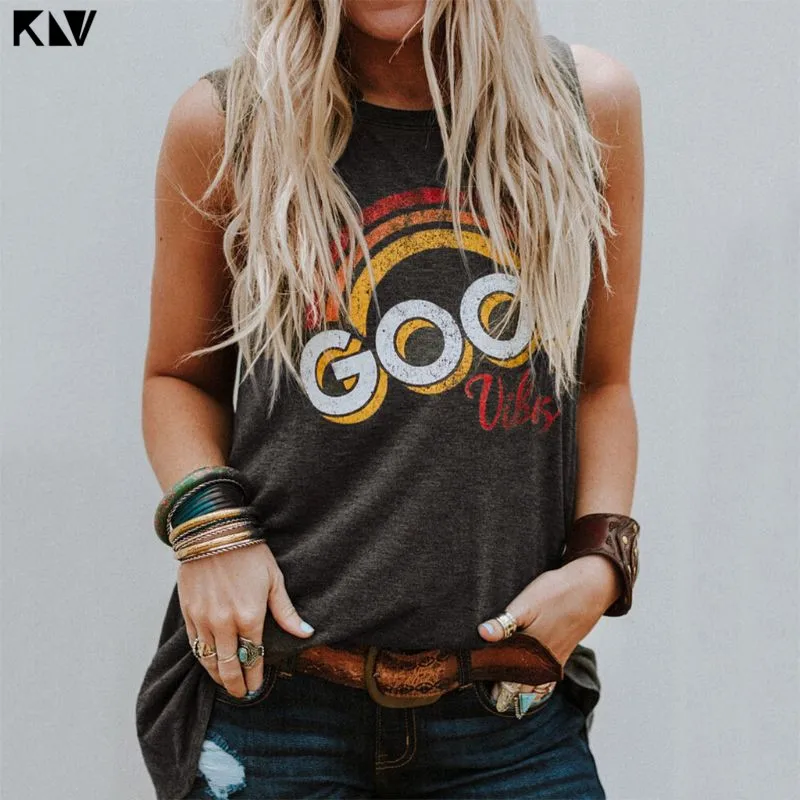 KLV женские летние топы на бретелях Good Vibes с круглым вырезом без рукавов женские серые повседневные хлопковые Майки Топы женские топы