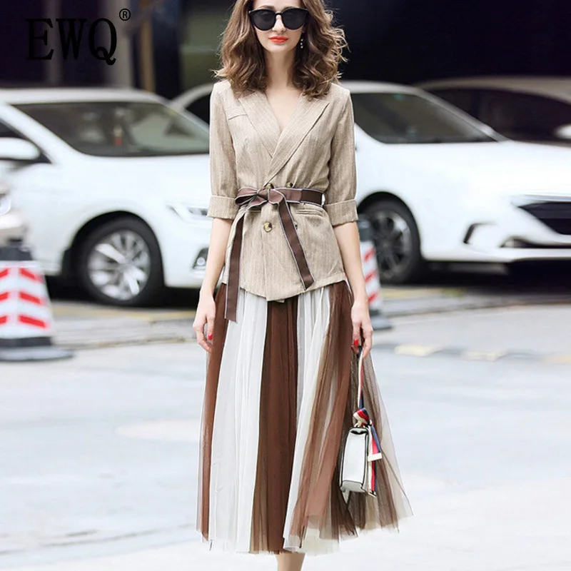 

[EWQ] 2019 spring summer V-collar solid patchwork lace up double breasted and print skirt two piece set women fashion tide AG810