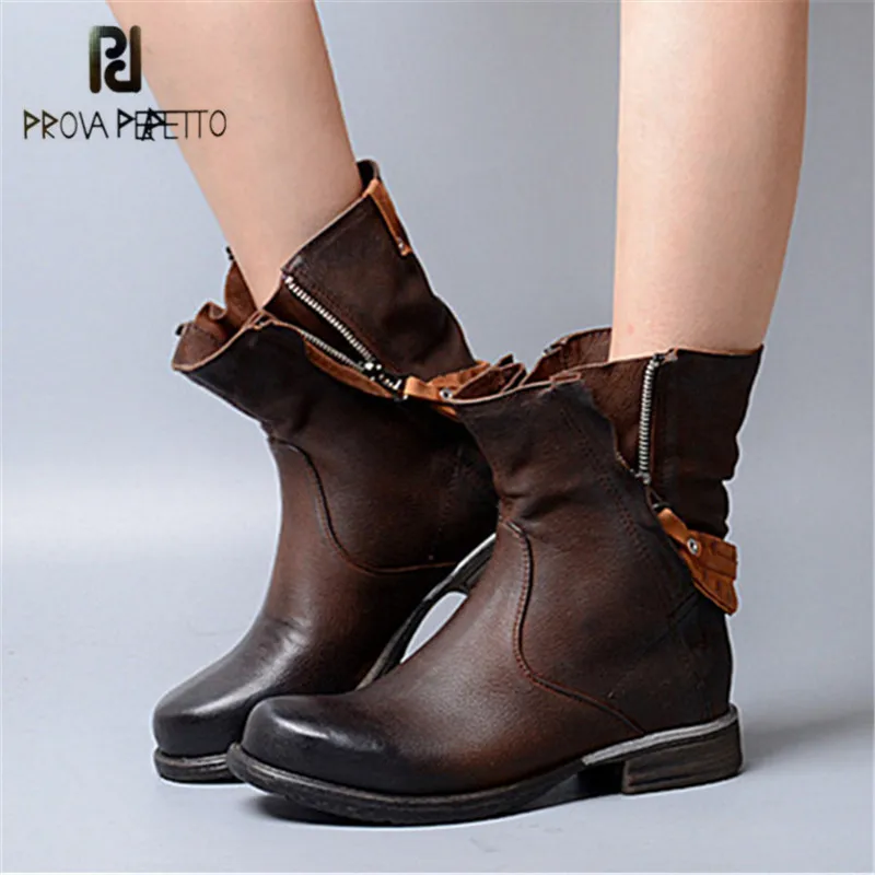 

Prova Perfetto British Style Ankle Boots for Women Back Strap Short Booties Genuine Leather Female Double Zipper Flat Boots