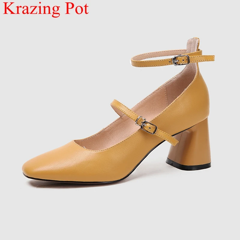 

2019 superstar genuine leather solid gorgeous high heels square toe women pumps buckle strap party office lady spring shoes L19
