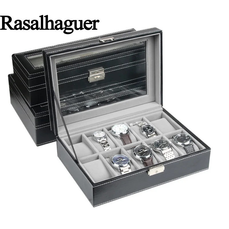 Rasalhaguer Лидер продаж 6 сетки искусственная кожа часы Коробки хранения Организатор Box Роскошные ювелирные изделия Дисплей корпуса часов