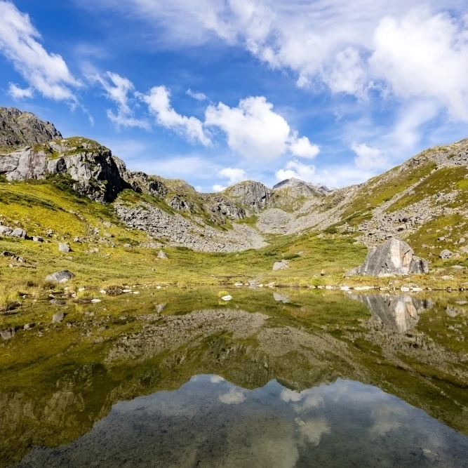 Reflection of the Talkeetna Mountains in a beaver pond near Reed Lakes Trail in Hatcher Pass In Southcentral Alaska sum