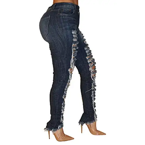Женские модные рваные узкие джинсы с низкой талией, рваные джинсы для женщин, рок-джинсы полной длины, темно-синие брюки S-XXL