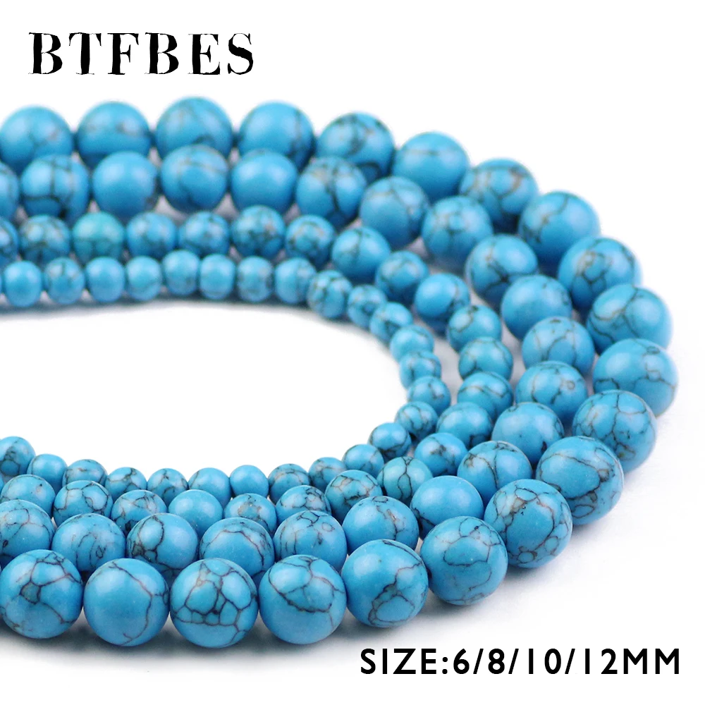 

BTFBES Round Shape Natural Blue Pine Veins Beads 6/8/10/12mm Ore Blue Color Stone Loose Beads For Jewelry Making DIY Bracelets