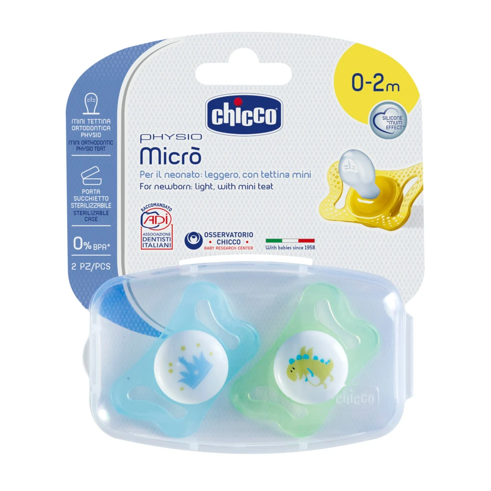 Пустышка Chicco Micro, 2 шт., 0-2 мес., сил., для принца, рис. корона, динозавр