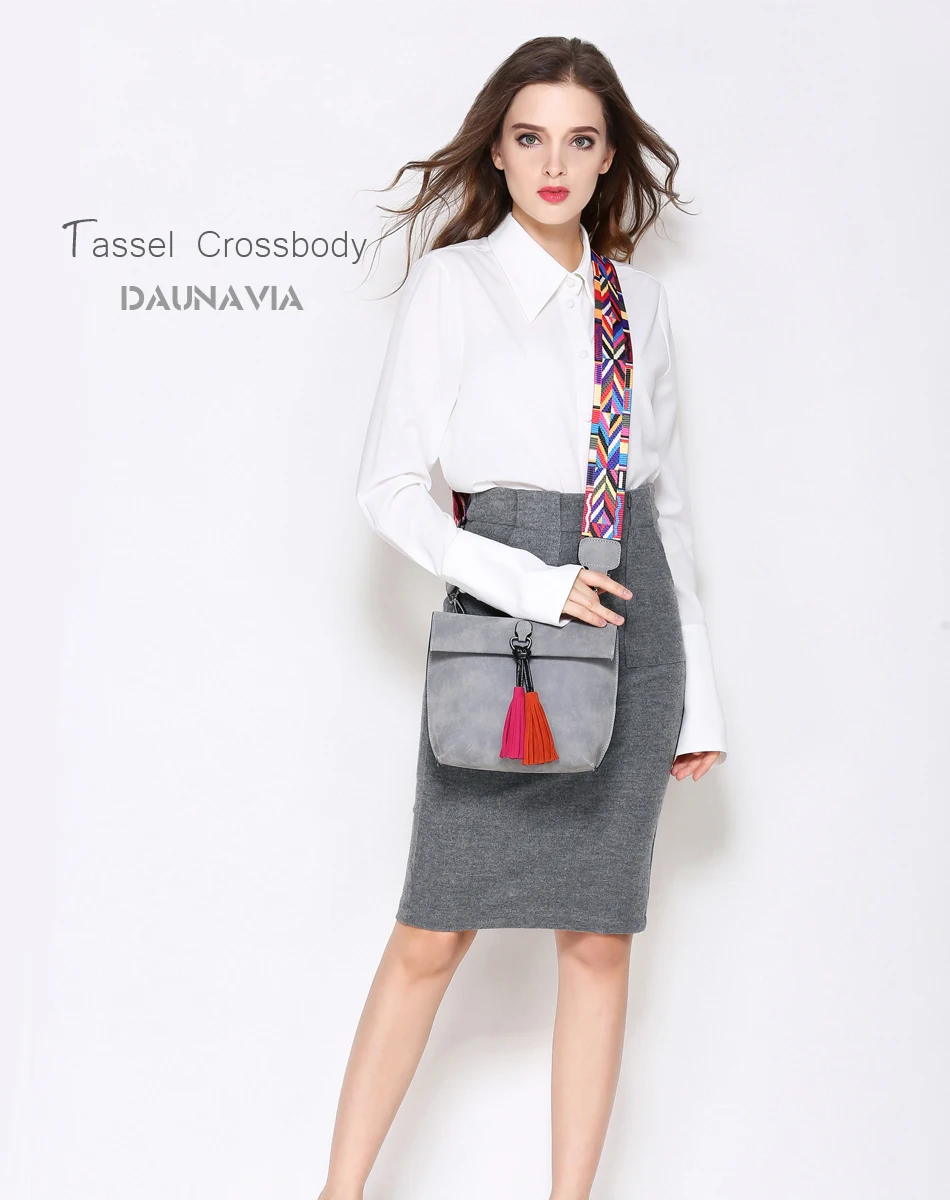 DAUNAVIA женская дизайнерская сумка через плечо с кисточкой с цветным плечевым ремнем сумка на плечо женская сумка-мессенджер женская сумка