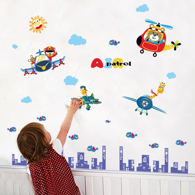 New kids room decoration cartoon wall stickers small animal planes home