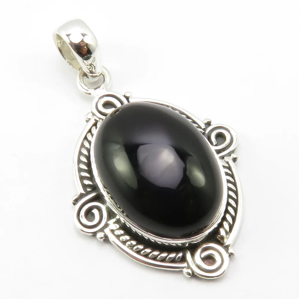 

India Unique Designed Solid Silver Black Onyx Pendant 1.6" Wholesale Handcrafted Jewelry