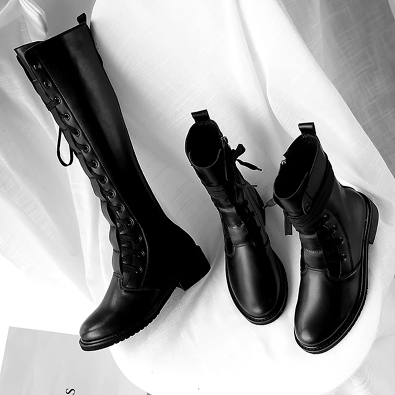 Ботинки; женские модные однотонные Ботинки martin из натуральной кожи на шнуровке; обувь с круглым носком; уличная зимняя женская обувь до колена