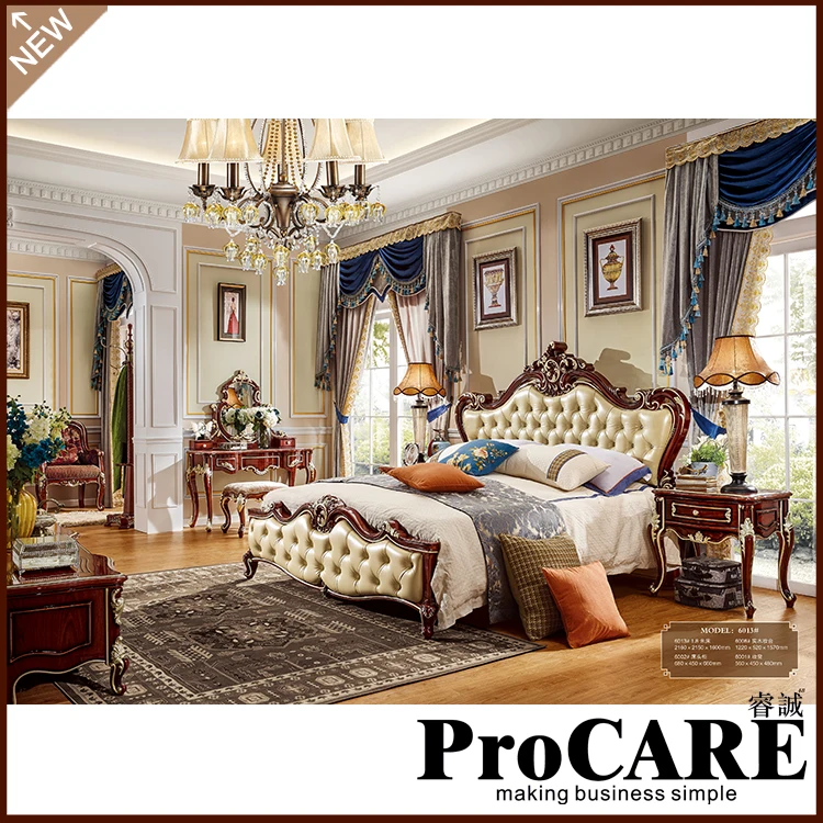 شراء الفاخرة الكلاسيكية خشب متين العتيقة نمط غرفة المعيشة مجموعة الأثاث الملك حجم جولة الجلود السرير