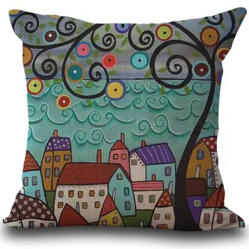 

Factory Supply New Hand Painted Abstract House Trees Linen Cotton Decorative Pillow Cushion For Home Gifts