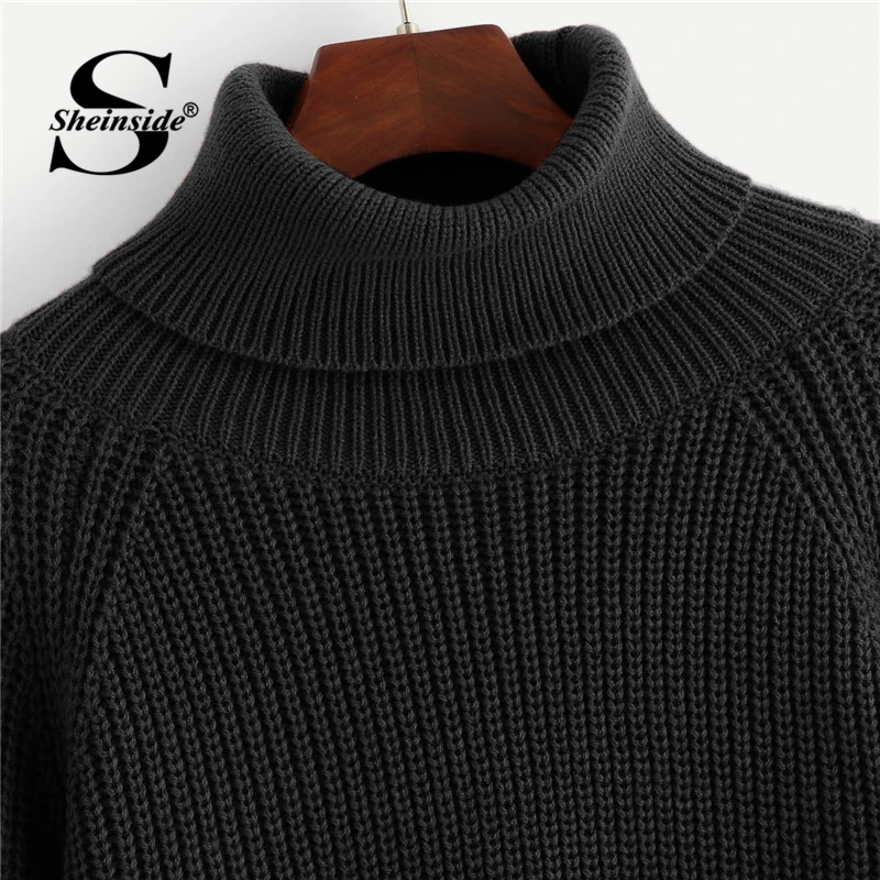 Sheinside Black Coffee Crop Sweater Women Pullovers Roll Neck Raglan Sleeve Jumper Fall Winter Tops For Womens Knitted Sweaters