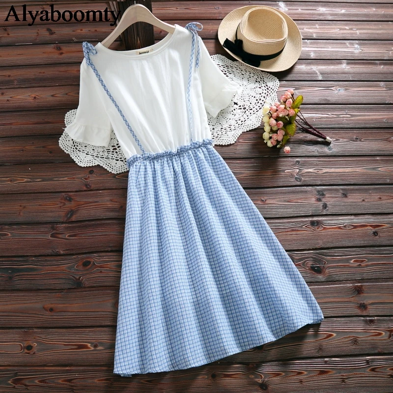 

Japanese Mori Girl Summer Women Dress White Blue Green Plaid Patchwork Female Vestido Literary Sweet Cute Student's Casual Dress