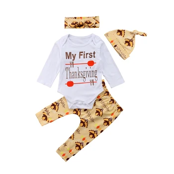 

4pcs Thanksgiving Outfits Newborn Baby Boys Girls Rompers+ Pants+Hat+Headband Festival Clothes Gift
