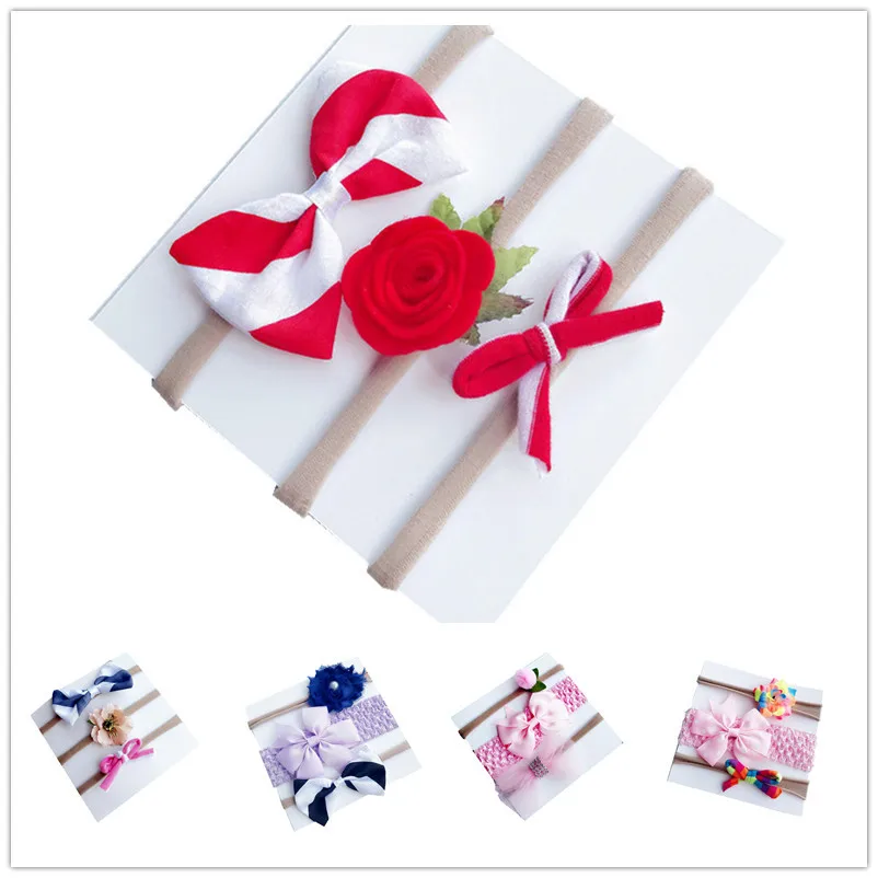 

3PCS/Set Handmade solid Nylon Headband Rose Bows Headbands For cute Kids Girls Hair Accessories Headwear cloth head band suit