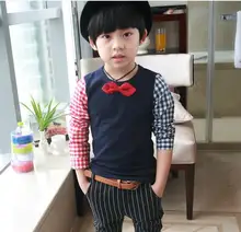 Retail Autumn baby boy t shirt navy blue cotton plaid sleeves tie t shirt boys bottoming shirt children t shirts