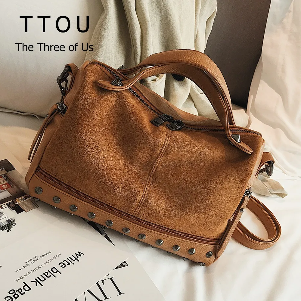 

JIULINWomen Suede Rivet Handbags Vintage Large Capacity Shopping Bag Casual Daily Tote Bag Feman Shoulder Bag Soft Bolsas