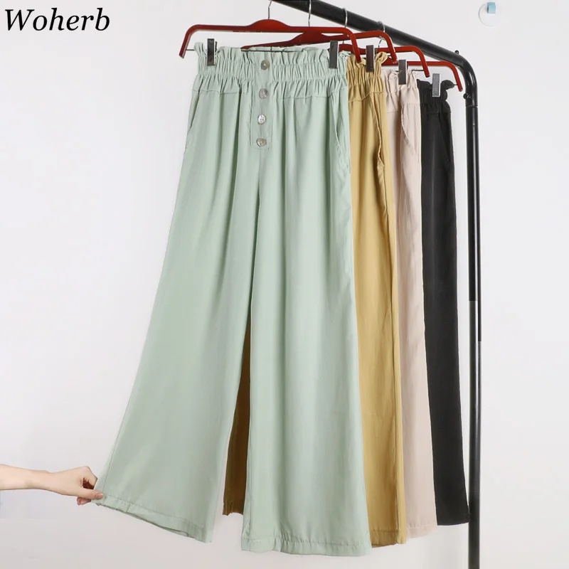 

Woherb 2019 Summer New Modis High Waist Wide Leg Pants Korean Single-breasted Solid Casual Pant Trousers Women Spodnie Damskie