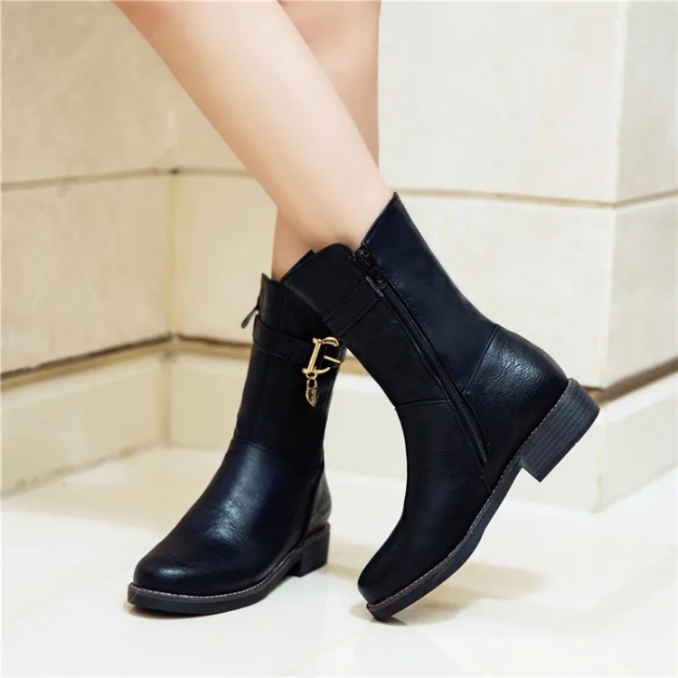 

Big Size 11 12 13 Euro-American style round head square heel side zipper metal decorative belt buckle boots