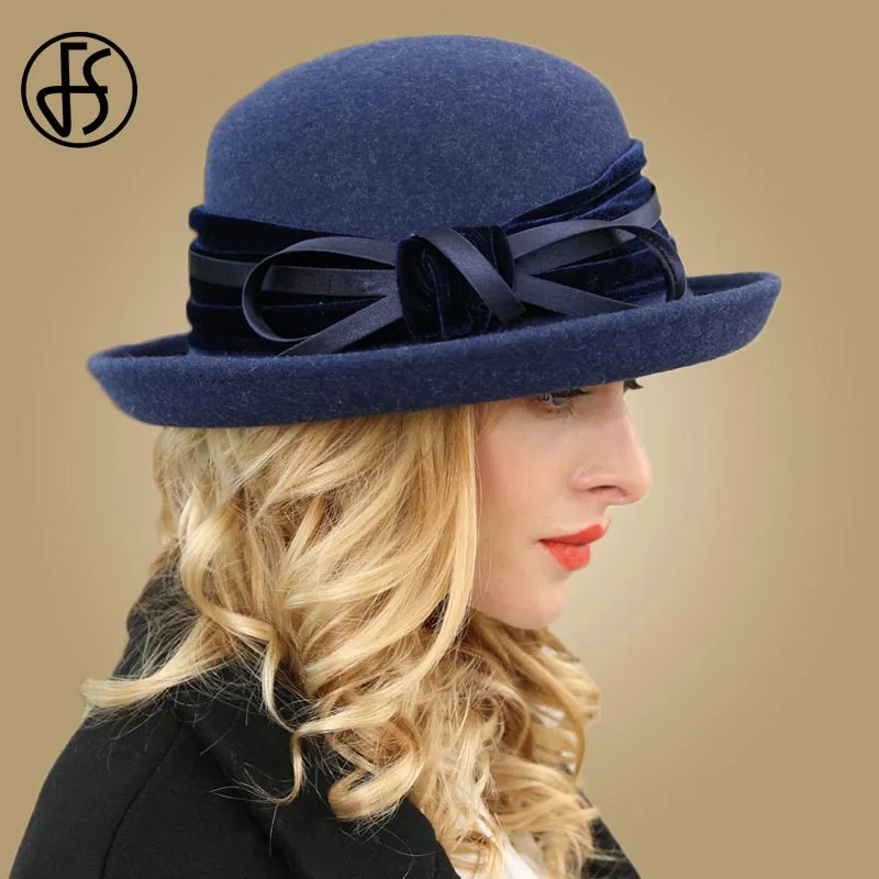 FS Wide Brim Fedora Winter Hats For Women Fashion Wool Felt Navy