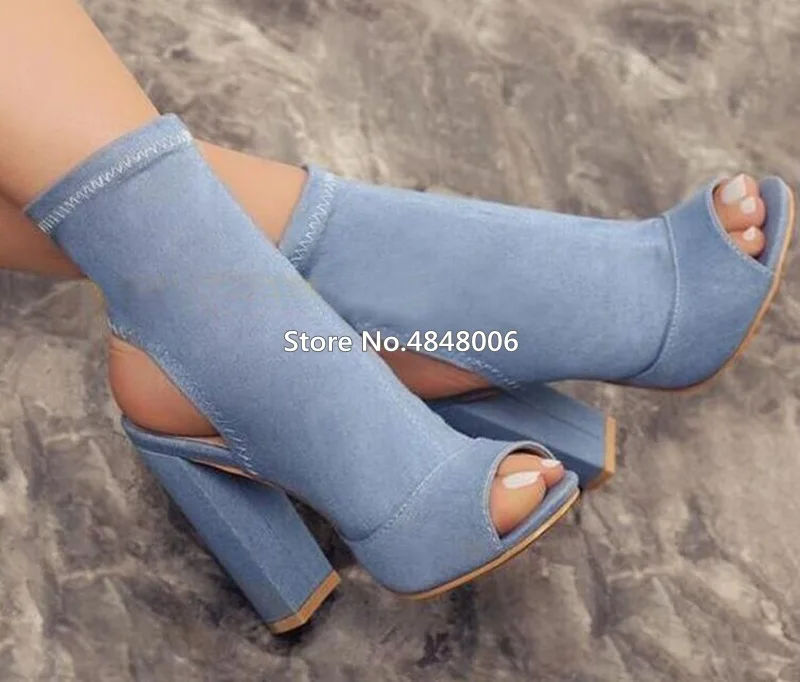 

2019 Women Fashion Open Toe Blue Denim Summer Ankle Boots Slip-on Bandage Slingback Short Boots Cool Well- Matched Shoes