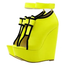 

PADEGAO Women Sandals 2017 High Heel 14.5cm Party Sandals Wedding Sandals Waterproof yellow PU 4.5 cm behind slope