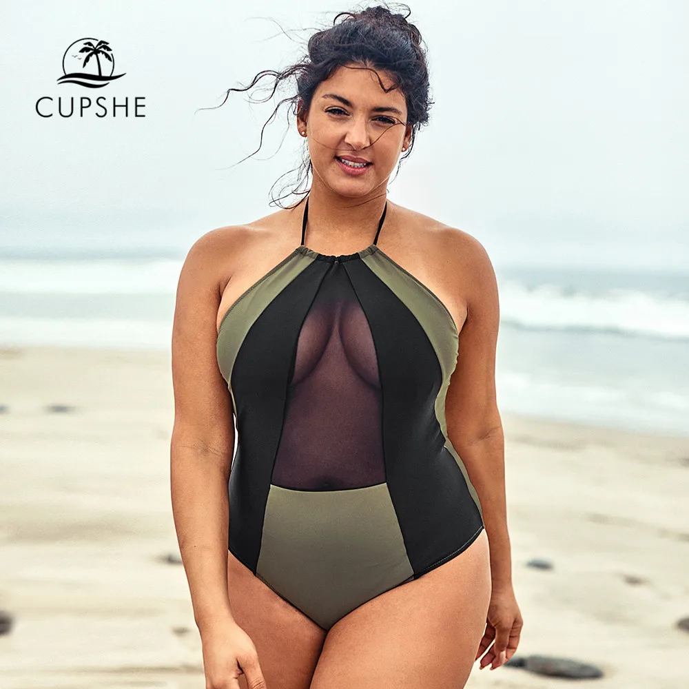 

CUPSHE Plus Size Color Block Mesh Halter One Piece Swimsuit Sexy Lace Up Women Monokini Bathing Suits 2019 Beach Swimwear